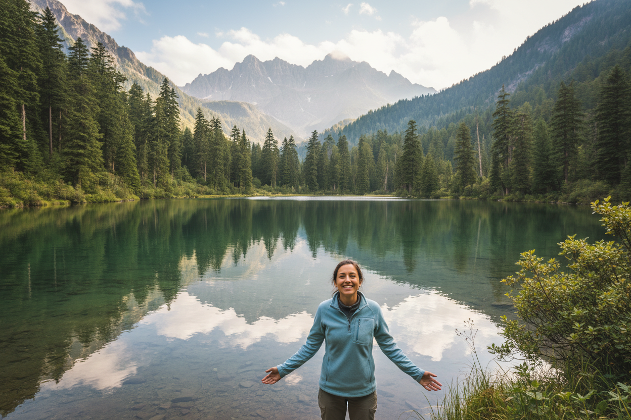 Create an image of a beautiful lake and a person smiling