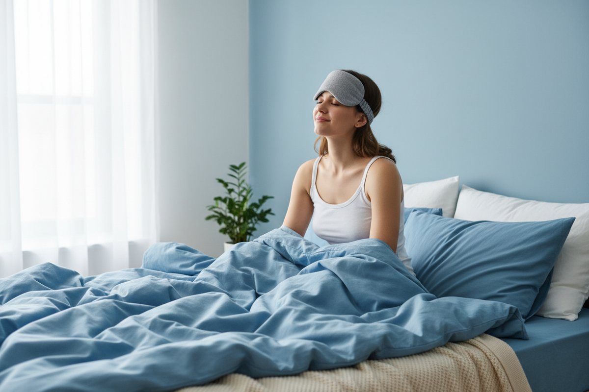 Put an image of someone in a blue bet sitting up relieved with a grey cotton eye mask on their head