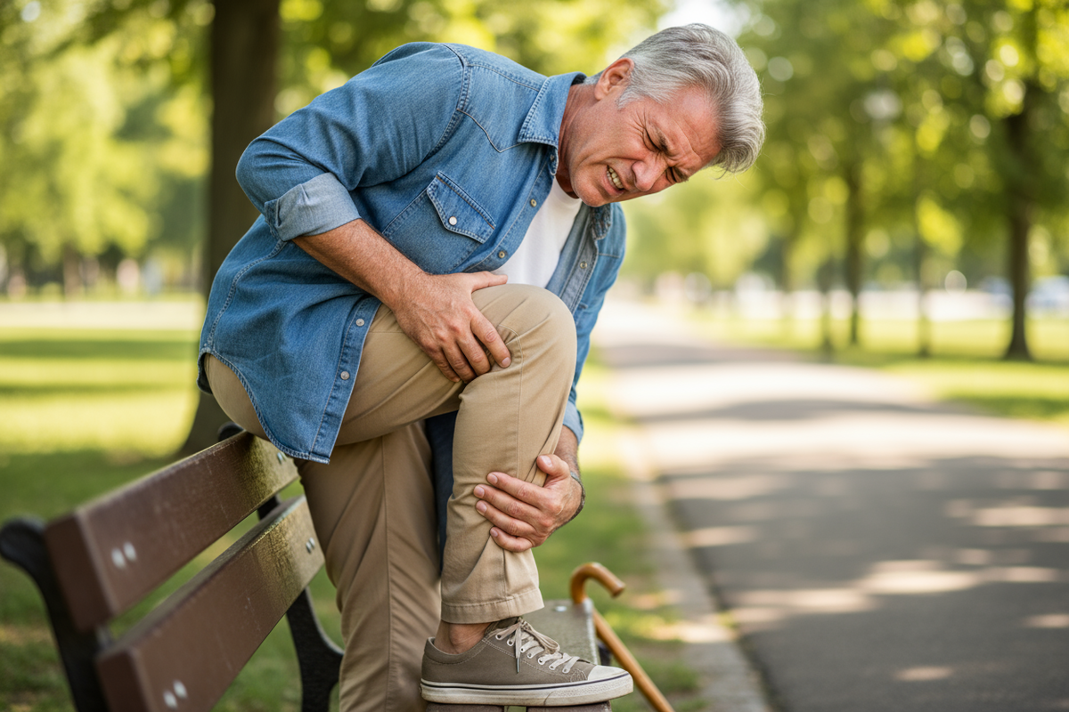 Show a mid 60s old man with an aching leg and wincing