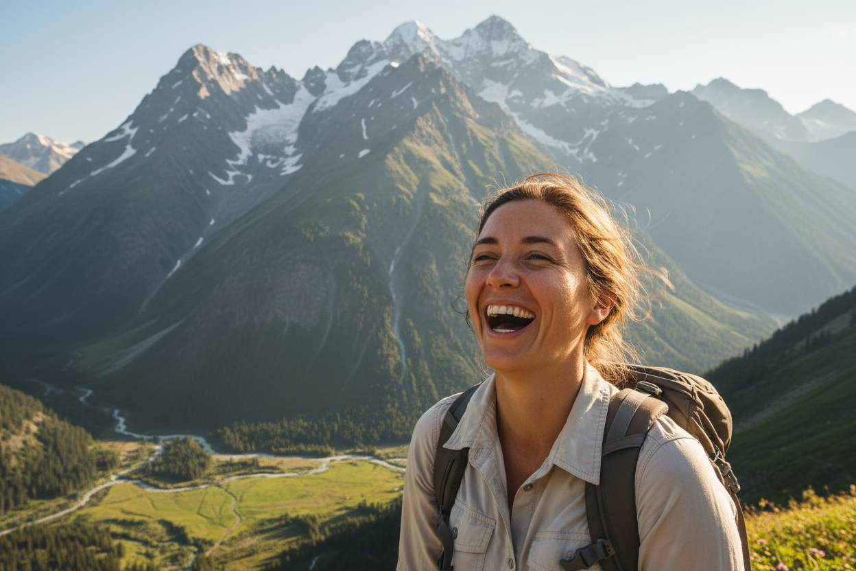 Show an image of someone smiling and laughing with beautiful mountains in the background