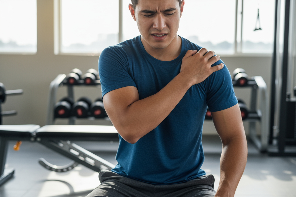 Someone in the gym hand on opposite shoulder wincing from shoulder pain